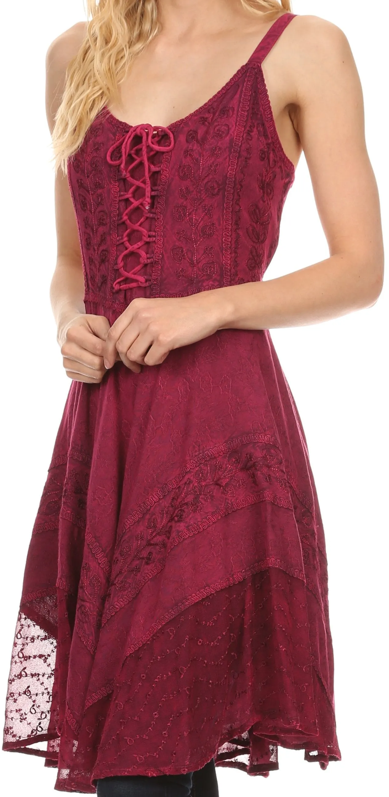 Sakkas Calleea Mid Length Embroidery Sleeveless Spaghetti Strap Corset Batik Dress