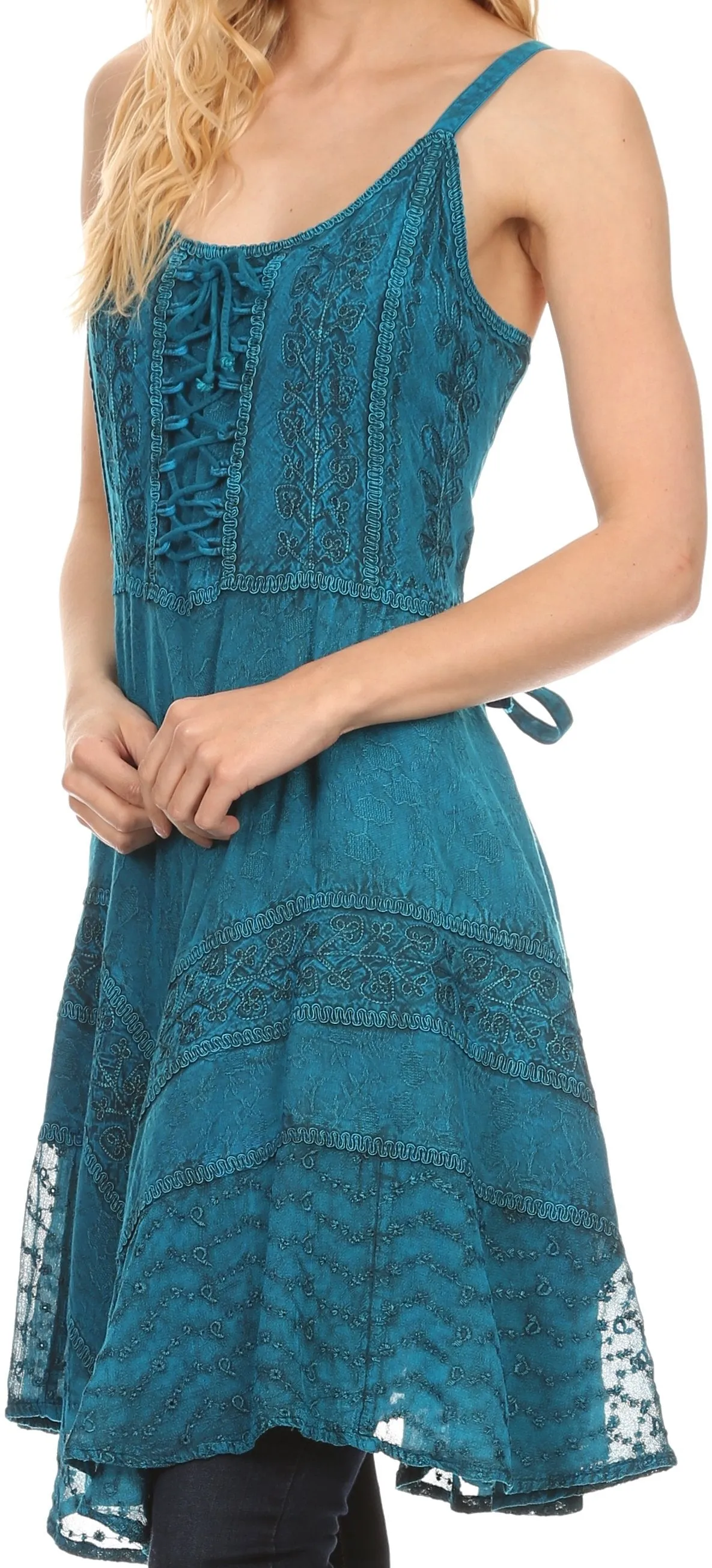 Sakkas Calleea Mid Length Embroidery Sleeveless Spaghetti Strap Corset Batik Dress