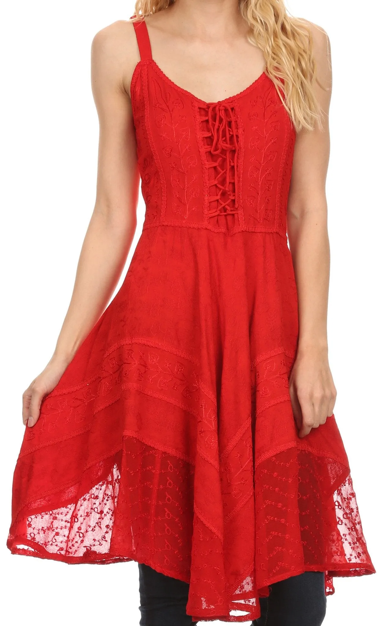 Sakkas Calleea Mid Length Embroidery Sleeveless Spaghetti Strap Corset Batik Dress