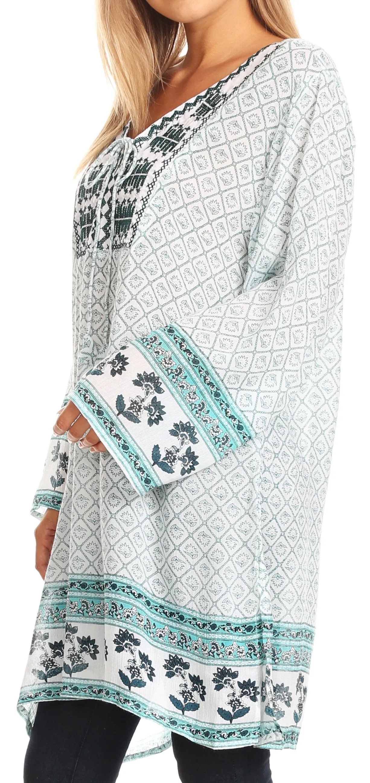 Sakkas Dalila Soft Crinckle Damask Printed Rayon Tunic Blouse with Embroidery