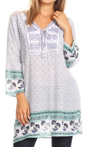 Sakkas Dalila Soft Crinckle Damask Printed Rayon Tunic Blouse with Embroidery