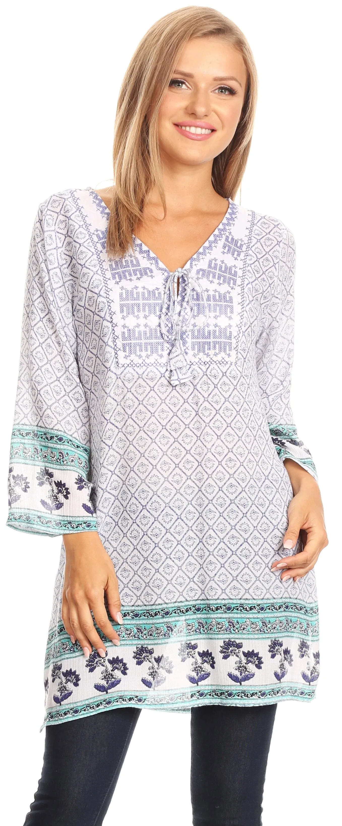 Sakkas Dalila Soft Crinckle Damask Printed Rayon Tunic Blouse with Embroidery