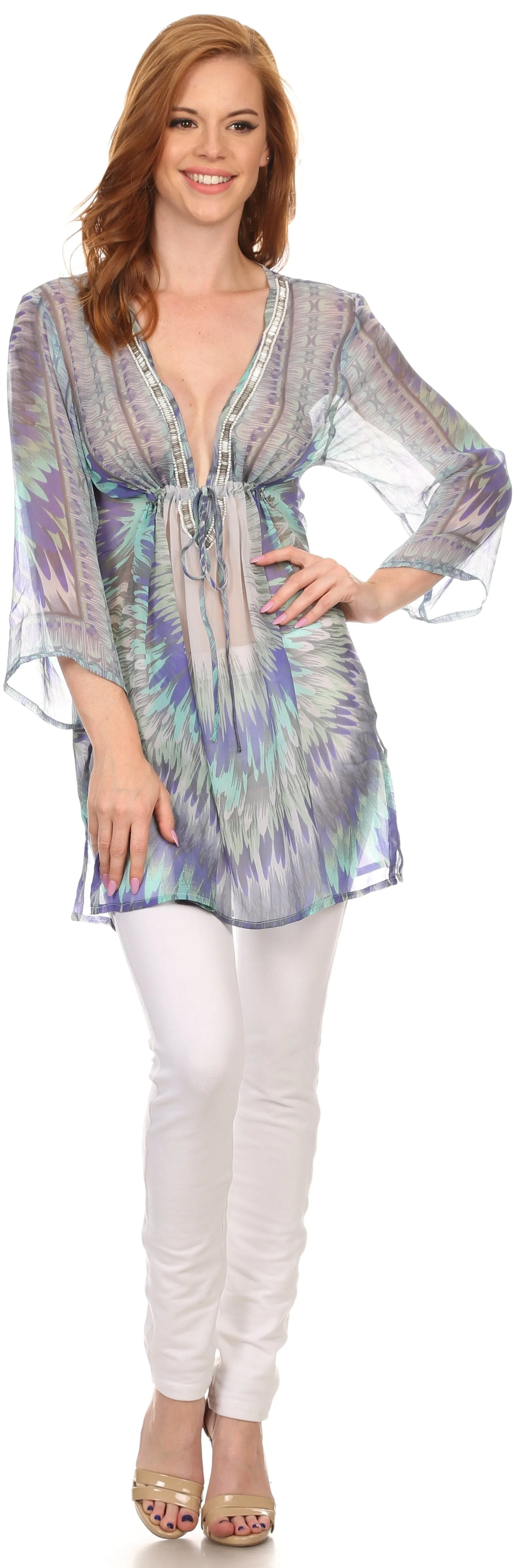 Sakkas Emtha Long Wide 3/4 Sleeve Deep Scoop Neck Printed Beaded Tunic Blouse Top