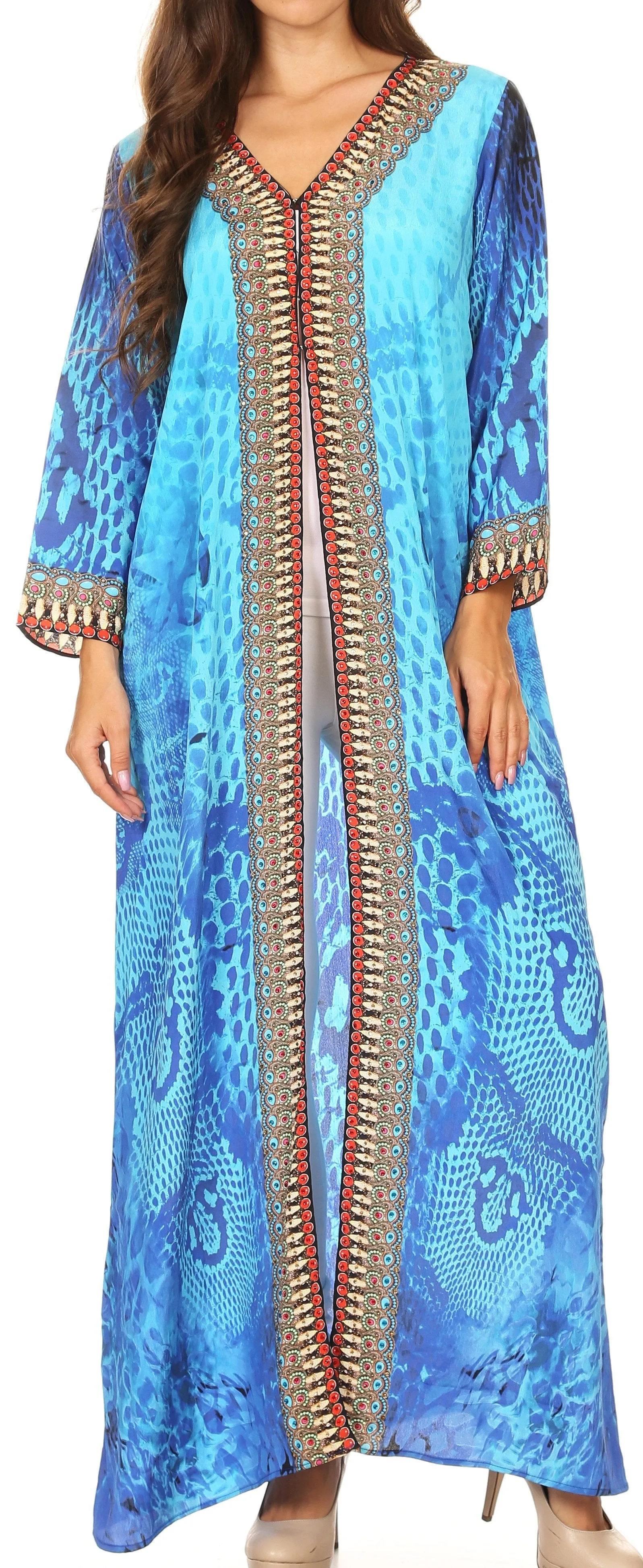 Sakkas Khari V-neck Long Kaftan Dress with Colorful Print and Rhinestones