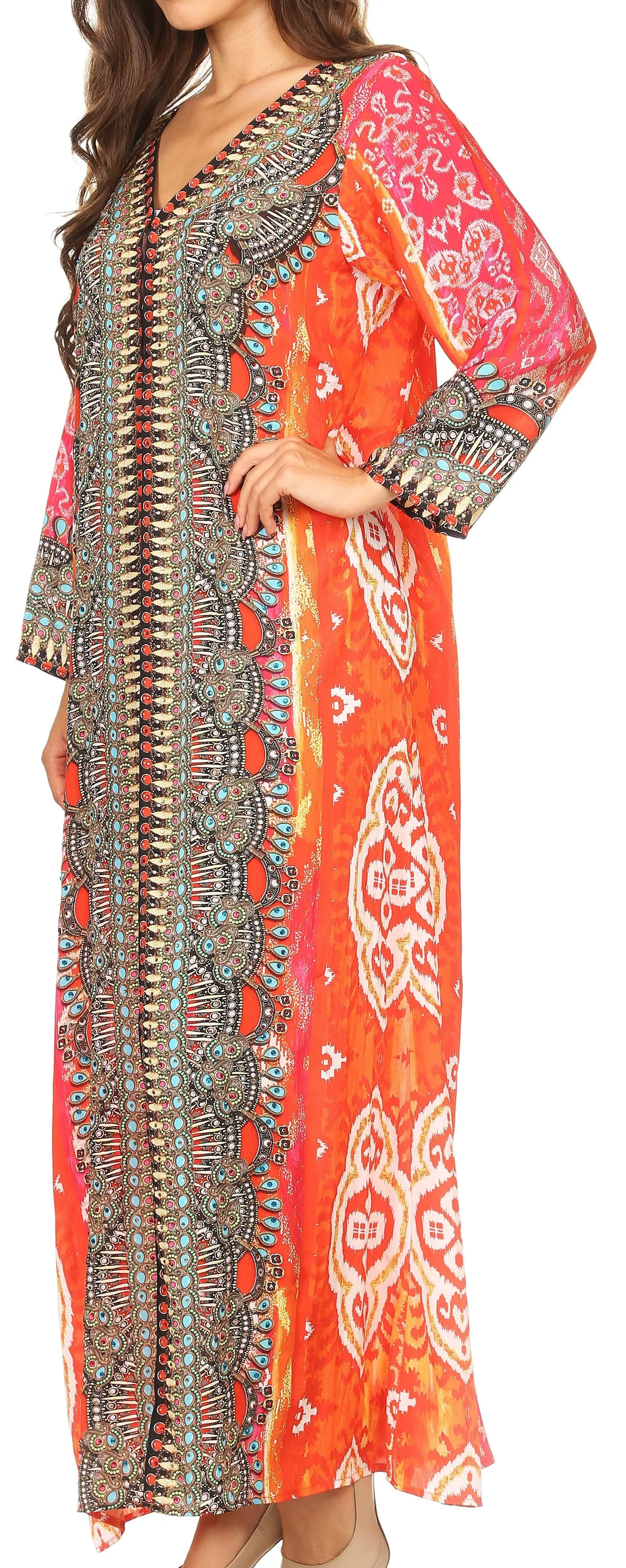 Sakkas Khari V-neck Long Kaftan Dress with Colorful Print and Rhinestones