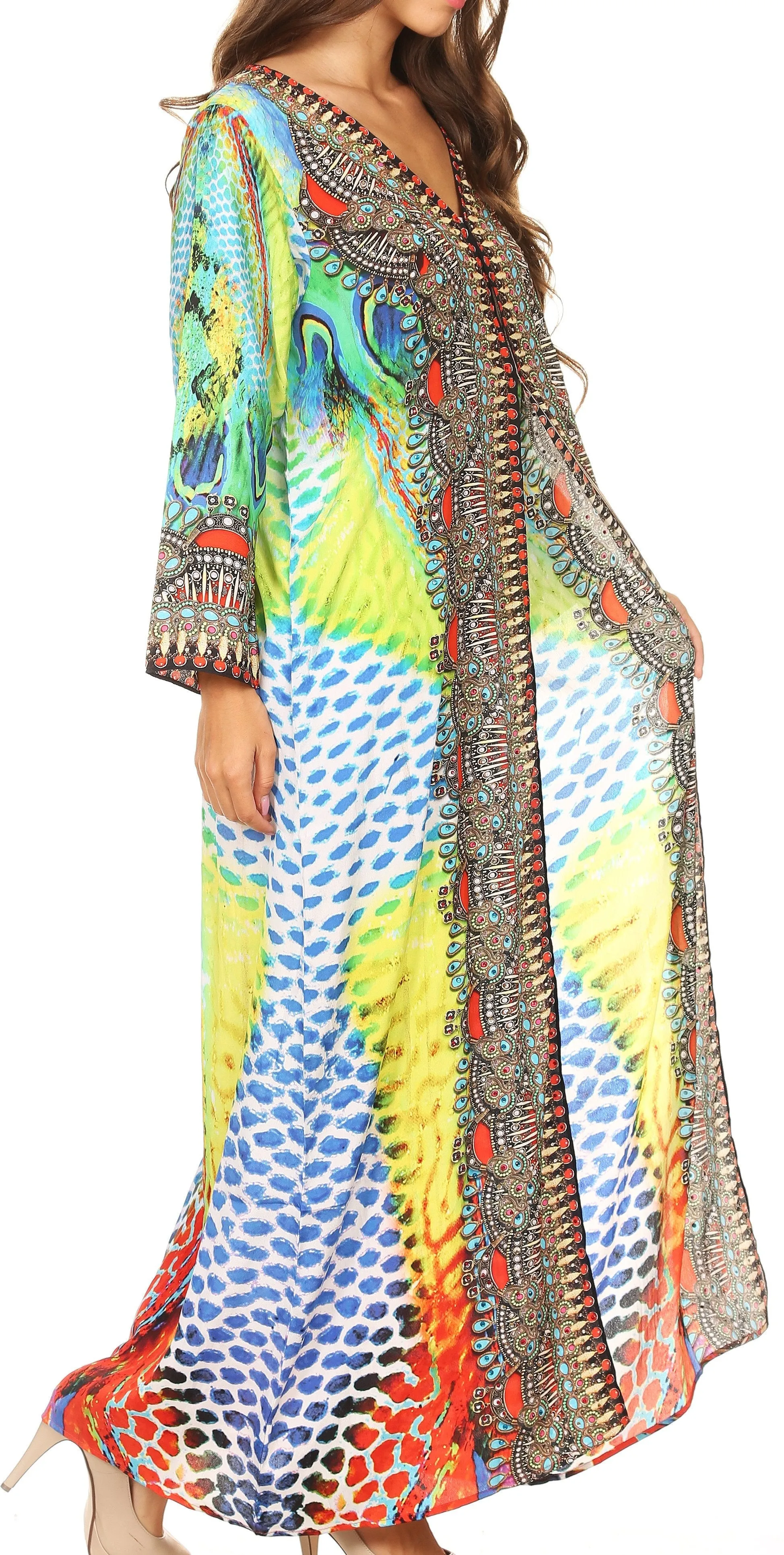 Sakkas Khari V-neck Long Kaftan Dress with Colorful Print and Rhinestones