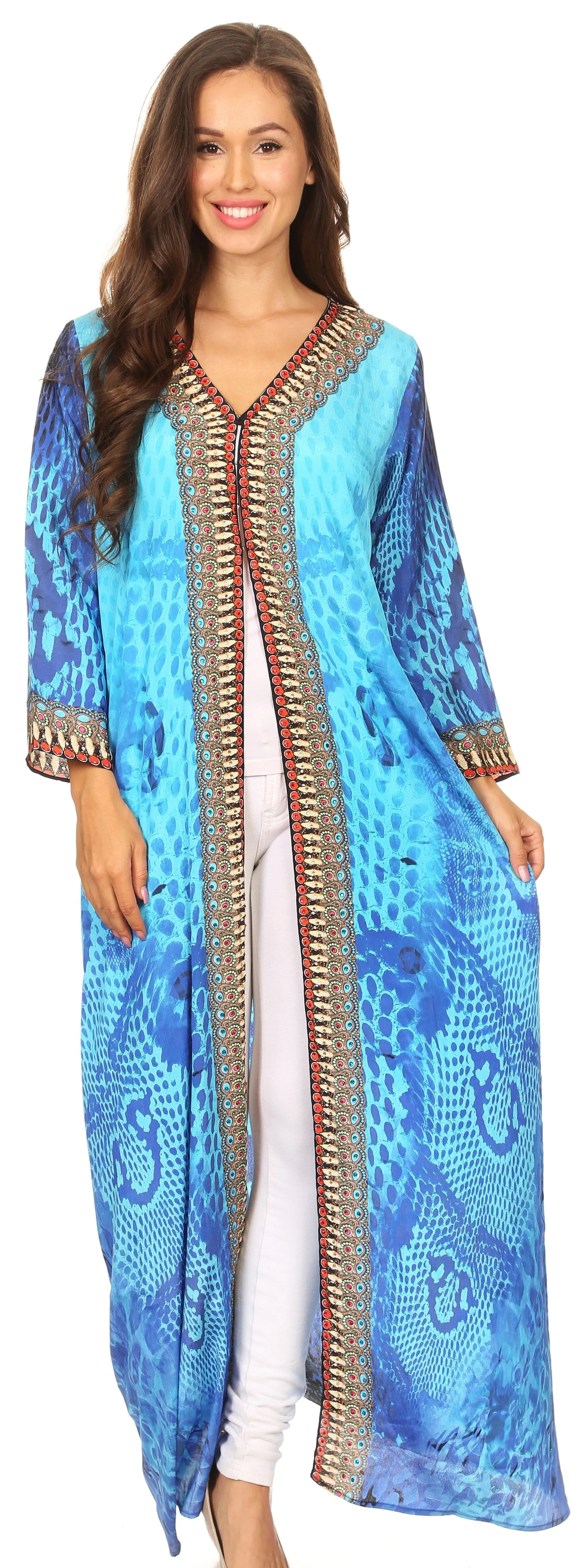 Sakkas Khari V-neck Long Kaftan Dress with Colorful Print and Rhinestones