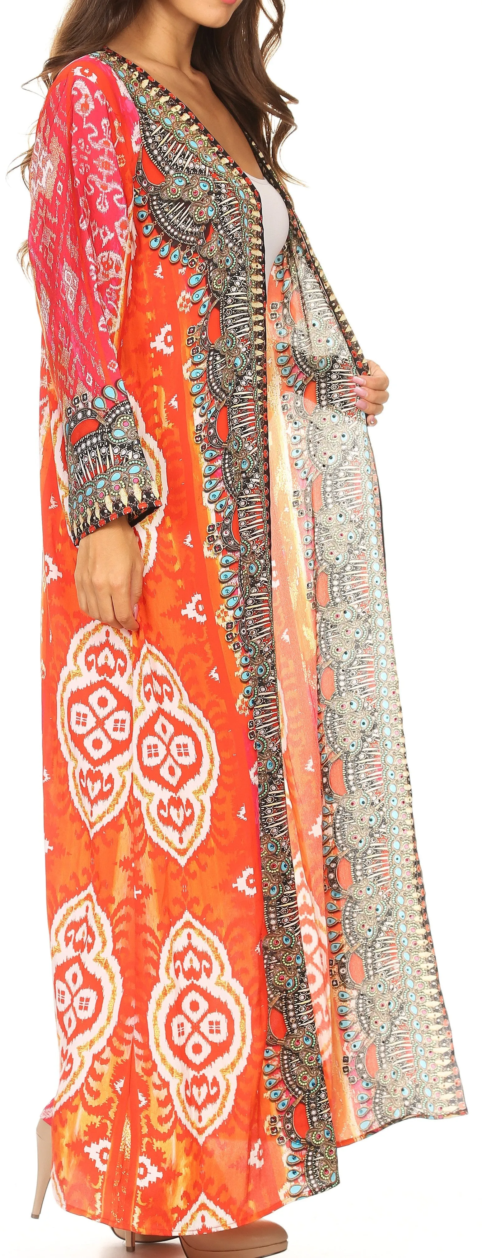 Sakkas Khari V-neck Long Kaftan Dress with Colorful Print and Rhinestones