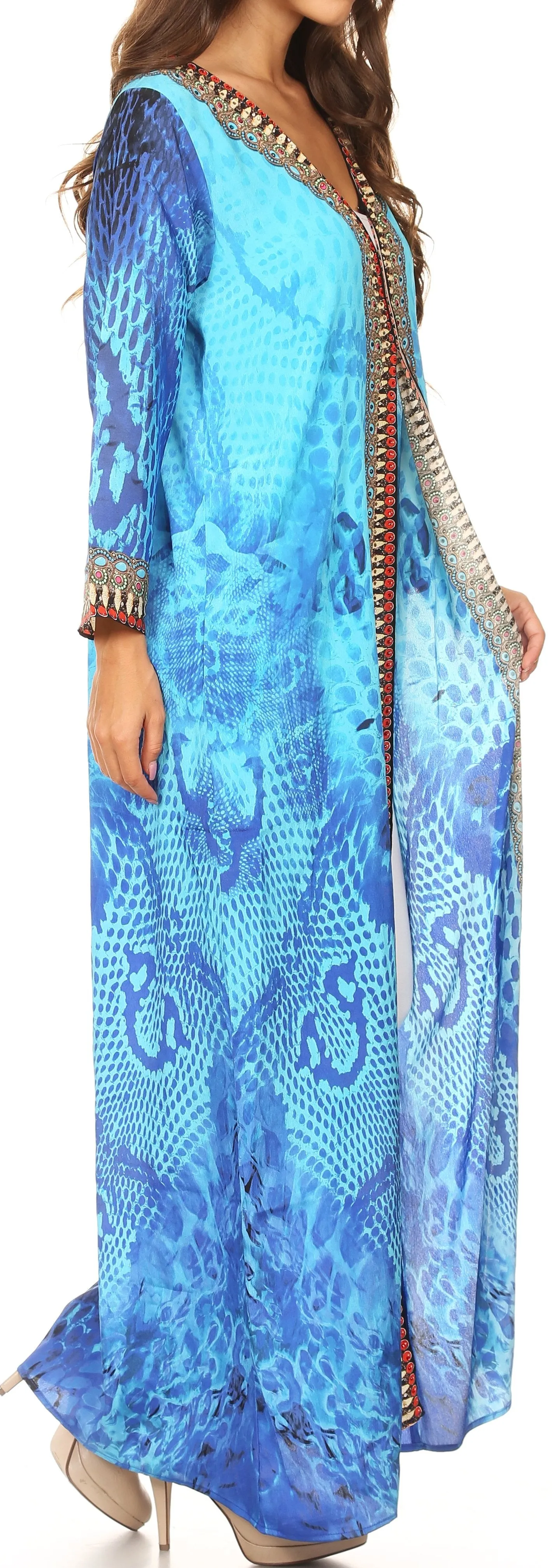 Sakkas Khari V-neck Long Kaftan Dress with Colorful Print and Rhinestones