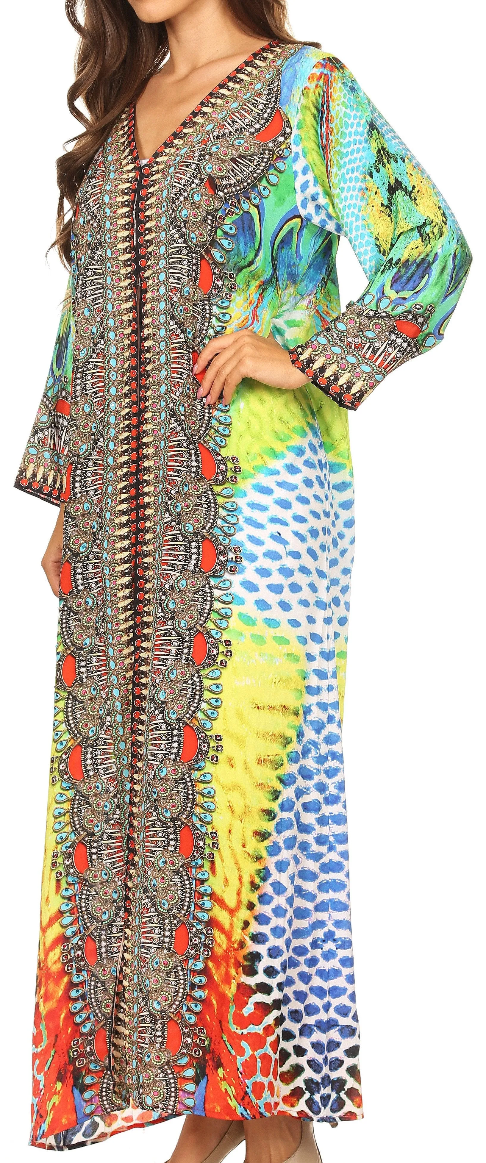 Sakkas Khari V-neck Long Kaftan Dress with Colorful Print and Rhinestones