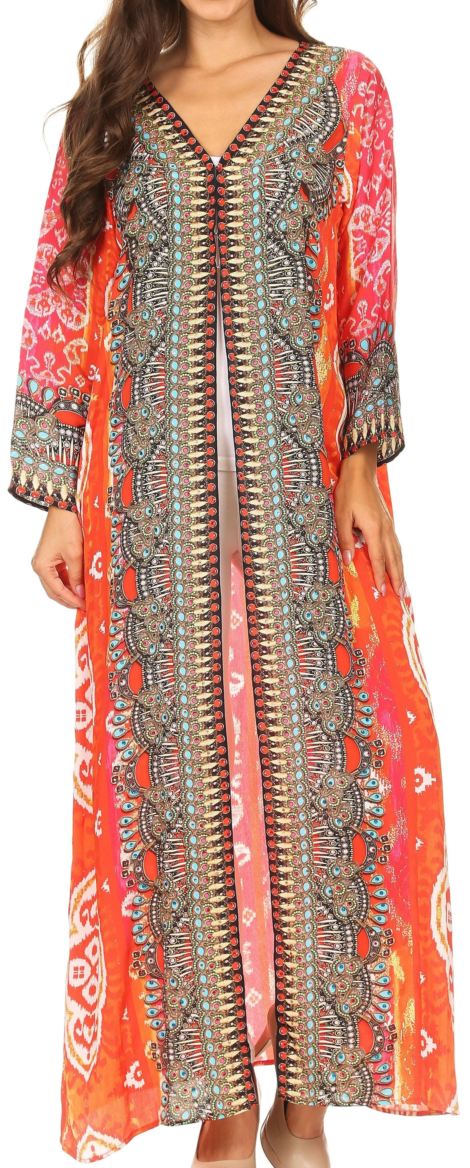 Sakkas Khari V-neck Long Kaftan Dress with Colorful Print and Rhinestones