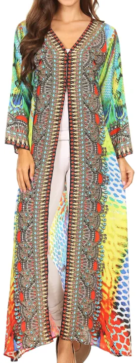 Sakkas Khari V-neck Long Kaftan Dress with Colorful Print and Rhinestones