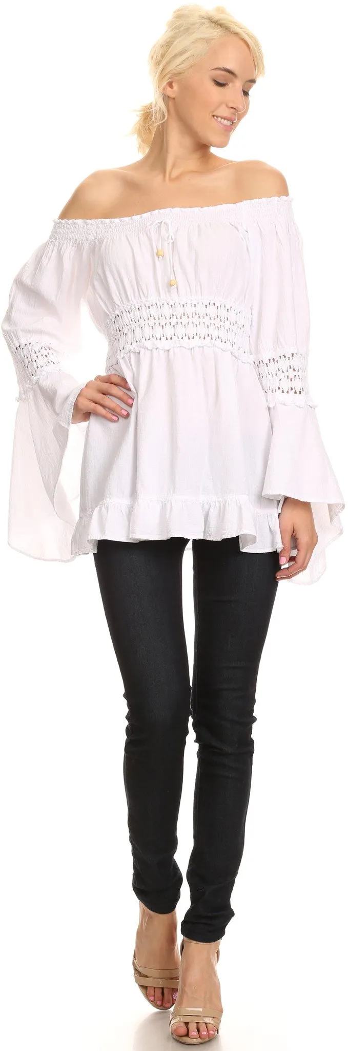 Sakkas Malea Crinkle Crochet Embroidered Long Tall Semi Opaque Blouse Shirt Top