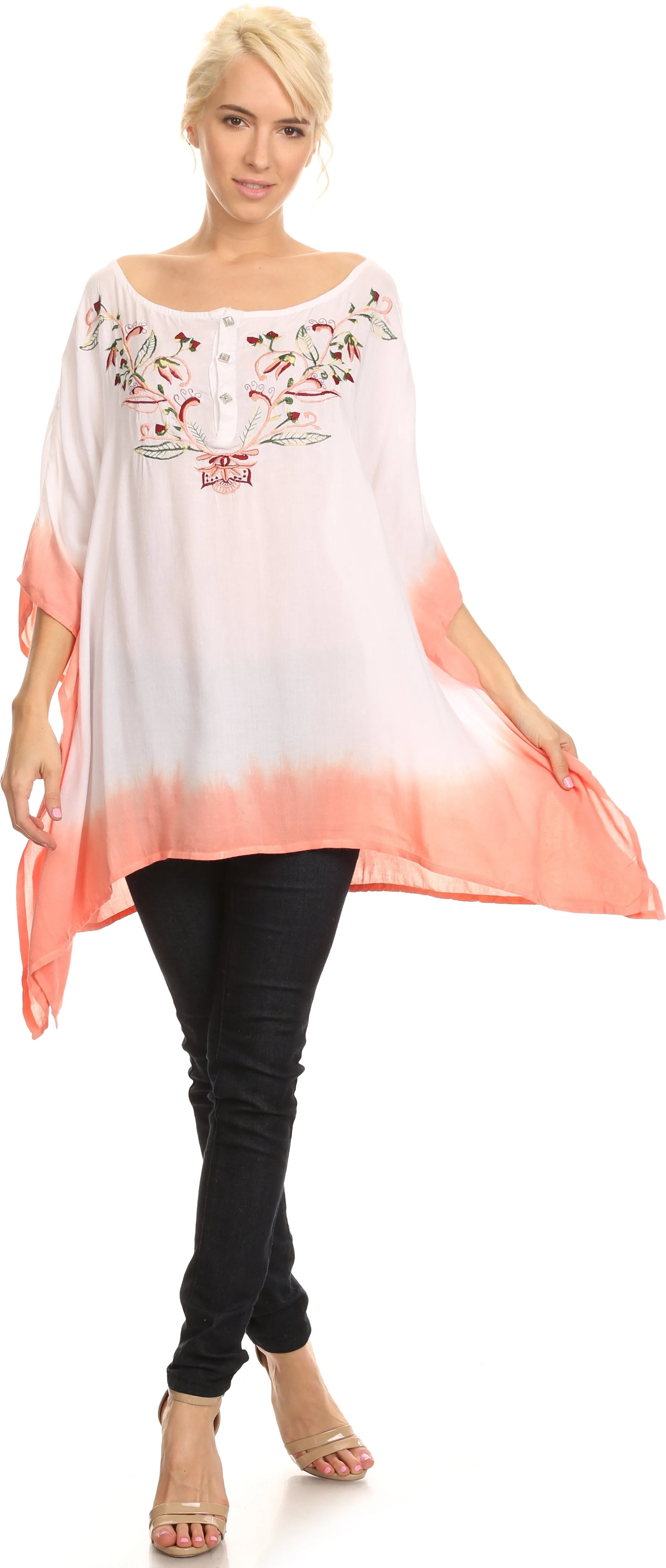 Sakkas Saleei Long Wide Square Ombre Floral Embroidered  Jewel Button Poncho Top