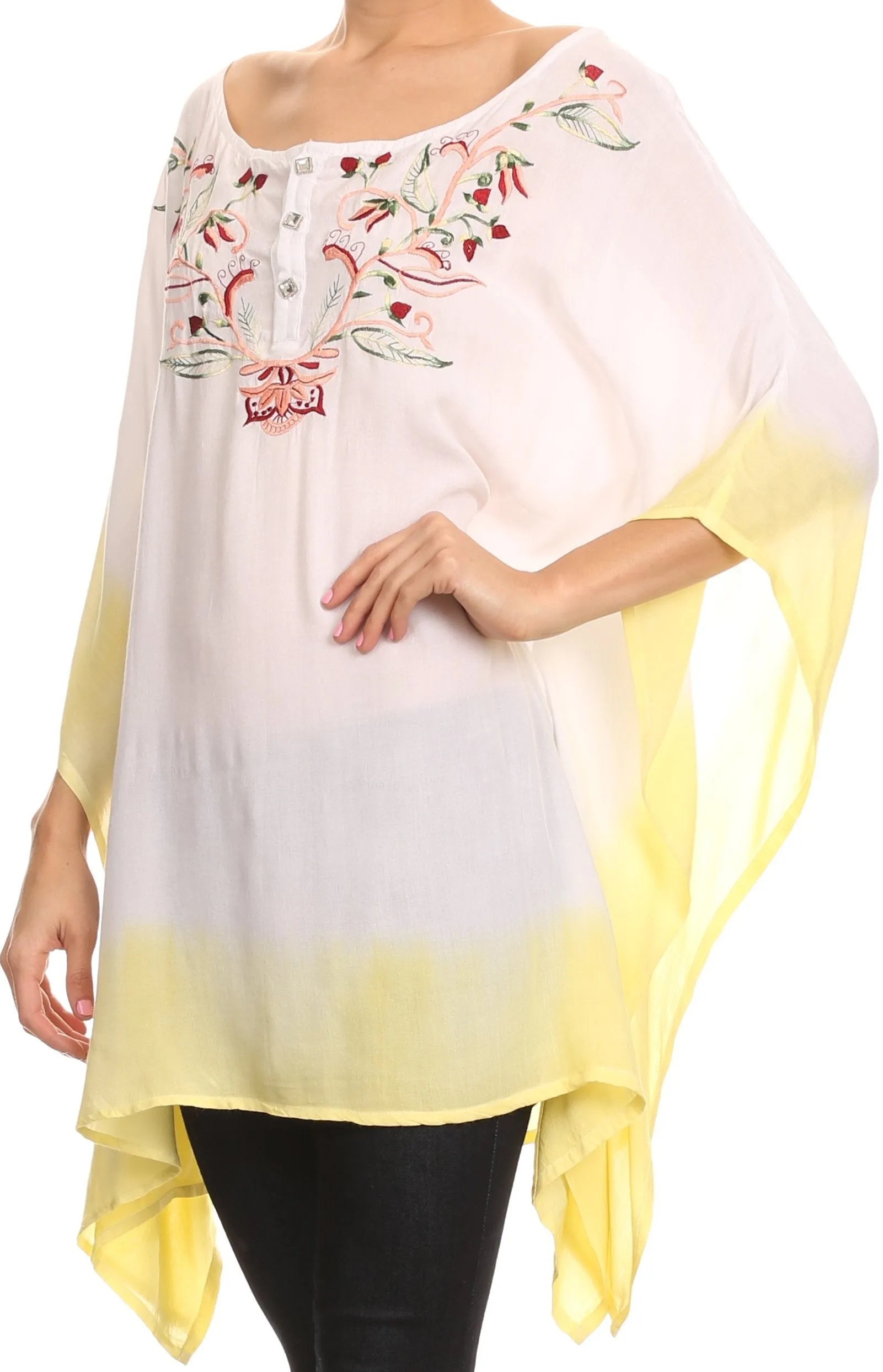 Sakkas Saleei Long Wide Square Ombre Floral Embroidered  Jewel Button Poncho Top