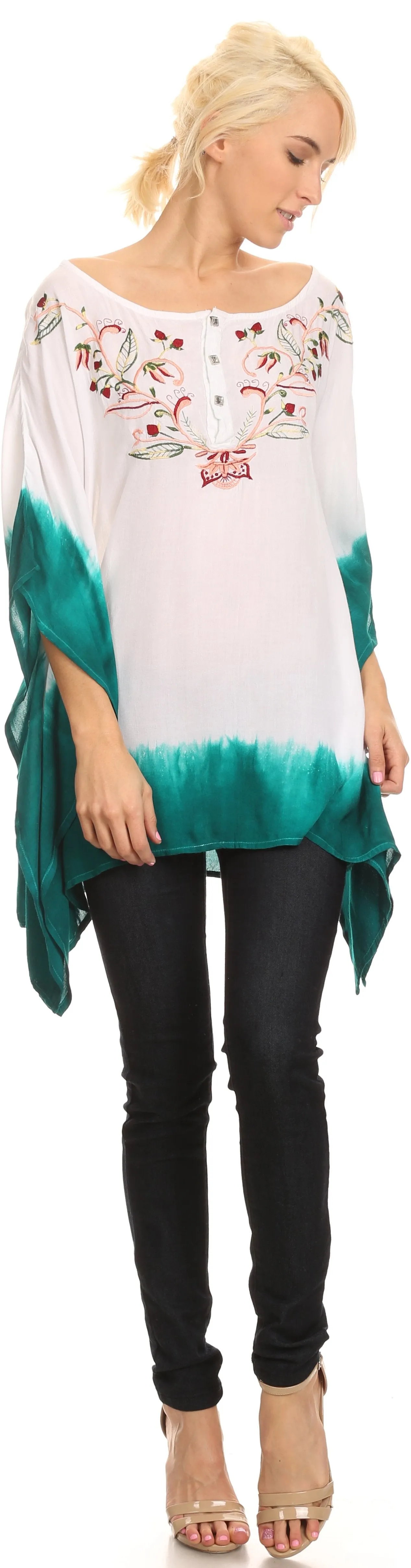 Sakkas Saleei Long Wide Square Ombre Floral Embroidered  Jewel Button Poncho Top