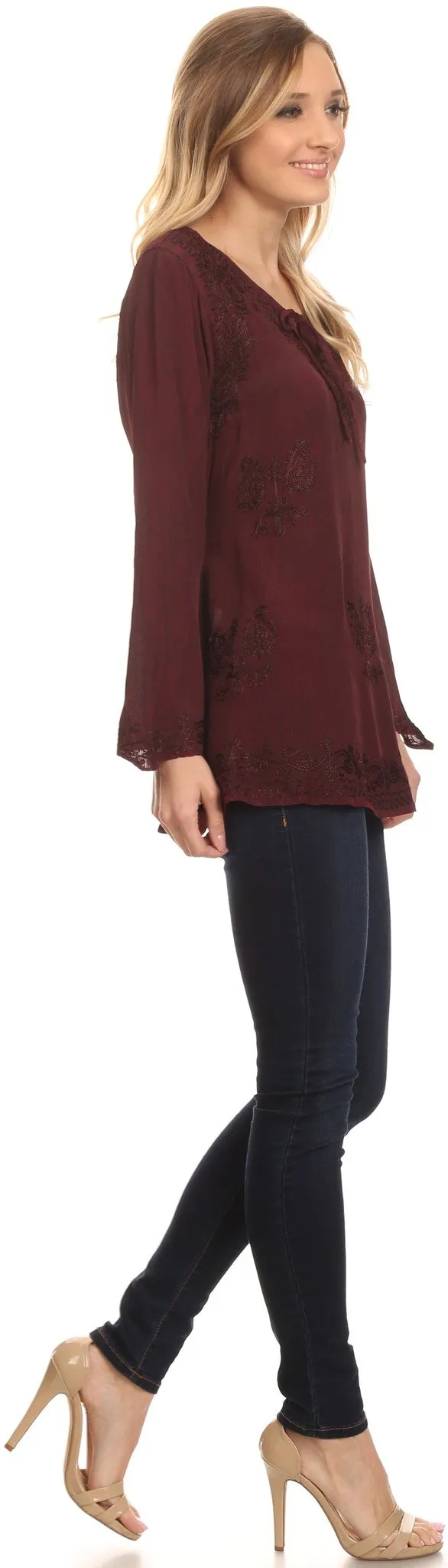 Sakkas Seena Long Sleeved Eyelet Adjustable Straps Embroidered Blouse Shirt Top