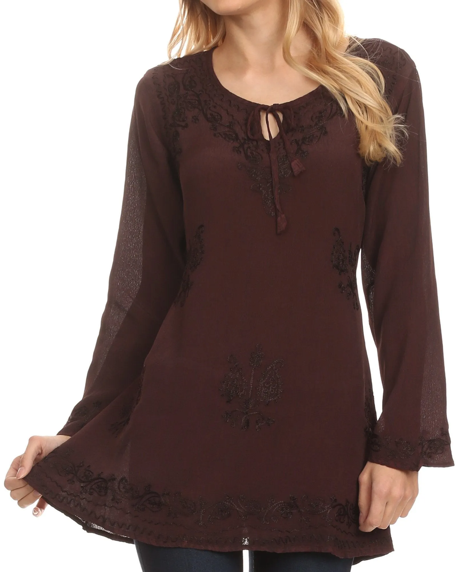 Sakkas Seena Long Sleeved Eyelet Adjustable Straps Embroidered Blouse Shirt Top