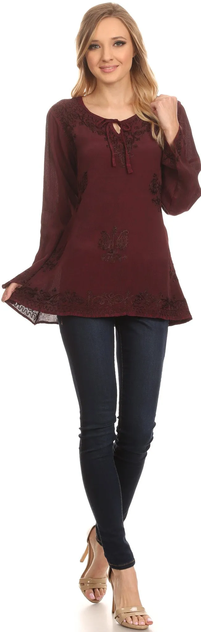 Sakkas Seena Long Sleeved Eyelet Adjustable Straps Embroidered Blouse Shirt Top