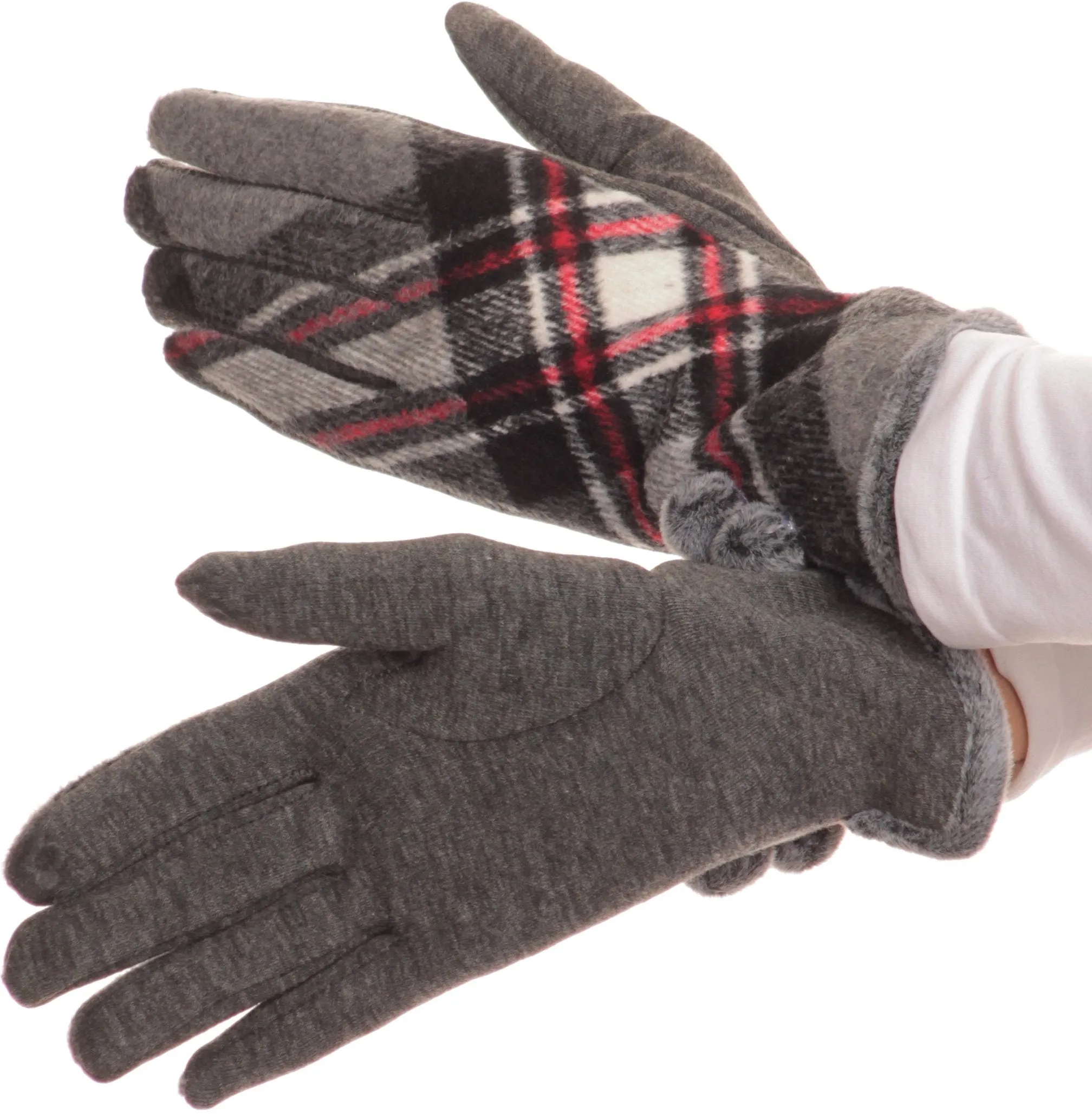 Sakkas Valy Classic Winter Checker Patterned Faux Fur Pom Pom Touch Screen Gloves