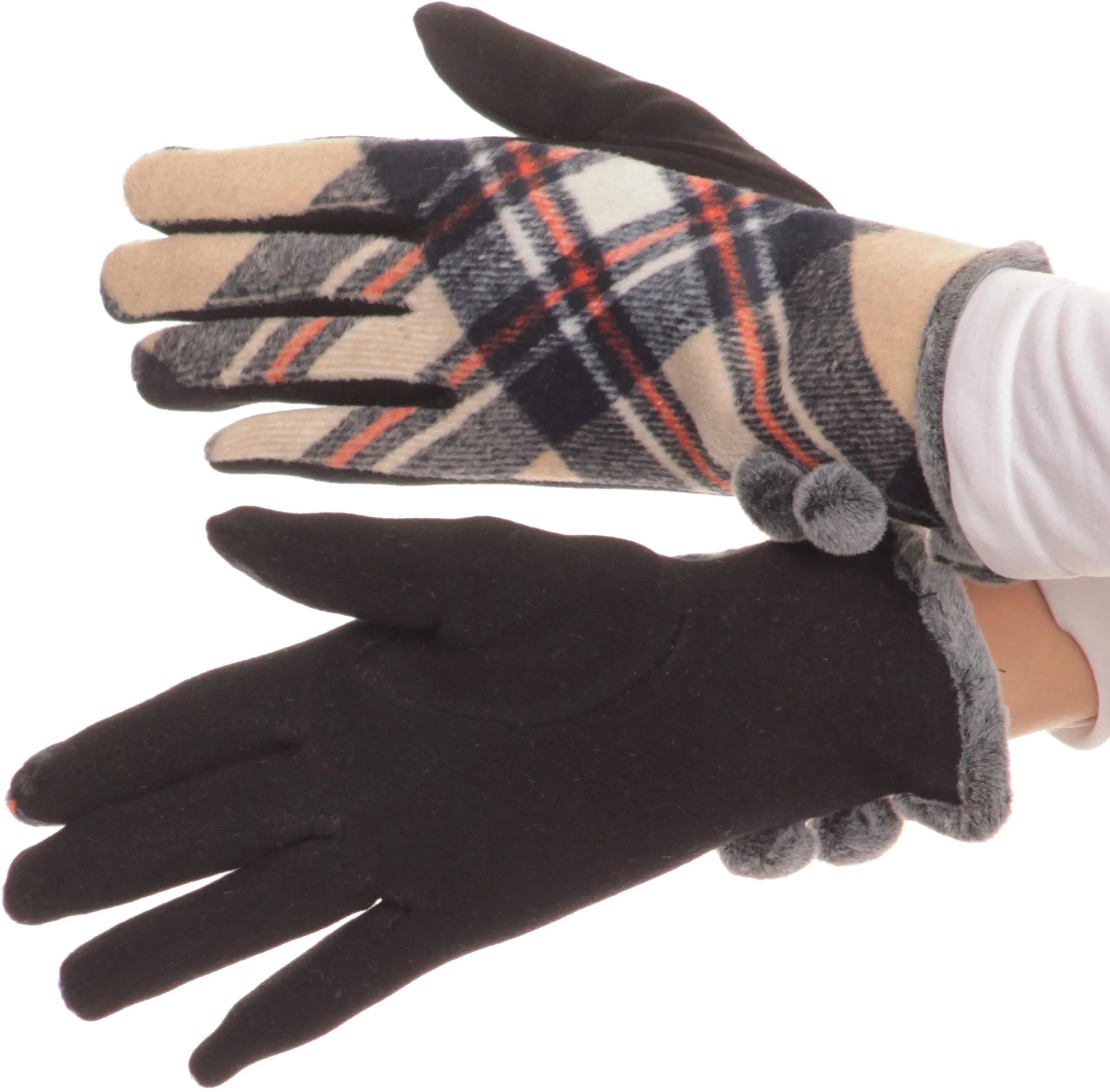 Sakkas Valy Classic Winter Checker Patterned Faux Fur Pom Pom Touch Screen Gloves