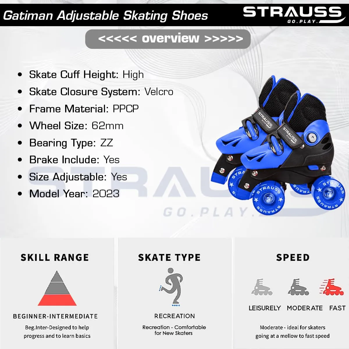 STRAUSS Gatiman Adjustable Skating Shoes | Latest Designed Roller Skates with Break | Ideal for Boys and Girls | Adjustable 4 Wheels Skating Shoe | Size: Junior (Black/Blue)