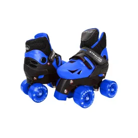 STRAUSS Gatiman Adjustable Skating Shoes | Latest Designed Roller Skates with Break | Ideal for Boys and Girls | Adjustable 4 Wheels Skating Shoe | Size: Junior (Black/Blue)