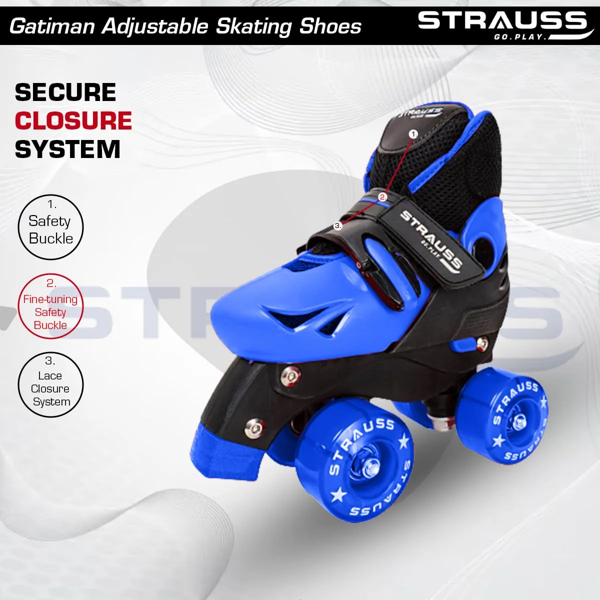 STRAUSS Gatiman Adjustable Skating Shoes | Latest Designed Roller Skates with Break | Ideal for Boys and Girls | Adjustable 4 Wheels Skating Shoe | Size: Junior (Black/Blue)