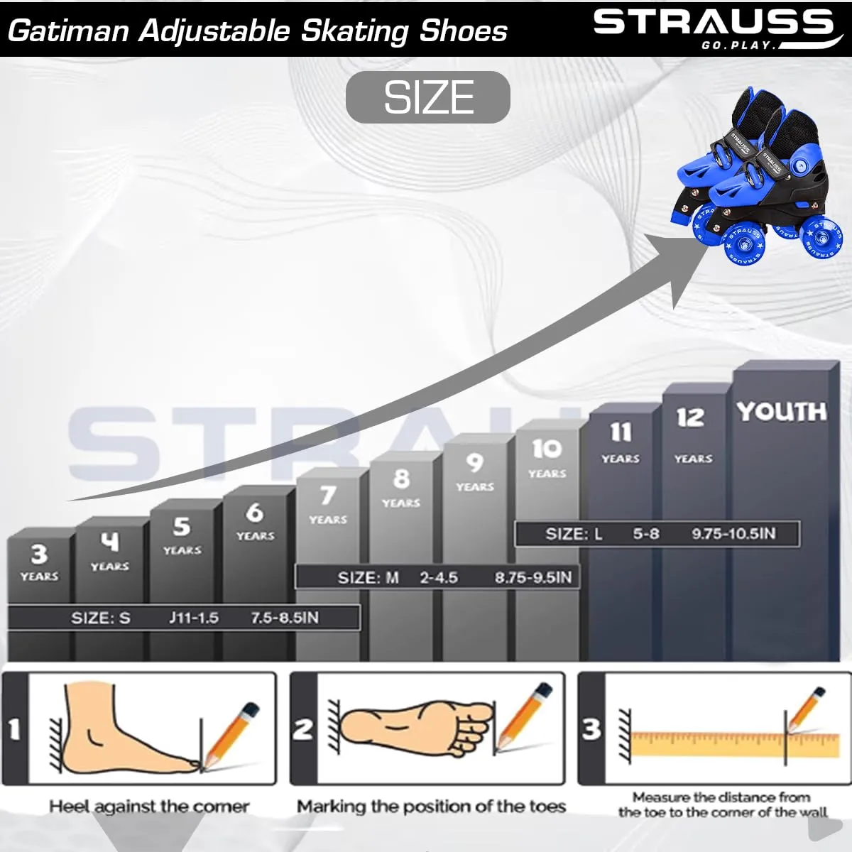 STRAUSS Gatiman Adjustable Skating Shoes | Latest Designed Roller Skates with Break | Ideal for Boys and Girls | Adjustable 4 Wheels Skating Shoe | Size: Junior (Black/Blue)