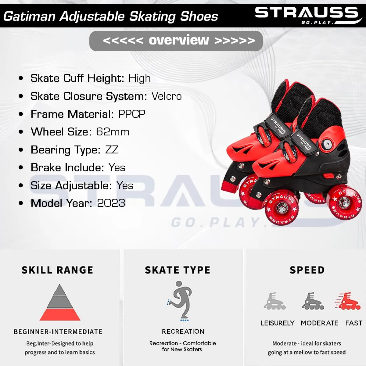 STRAUSS Gatiman Adjustable Skating Shoes | Latest Designed Roller Skates with Break | Ideal for Boys and Girls | Adjustable 4 Wheels Skating Shoe | Size: Senior (Black/Red)