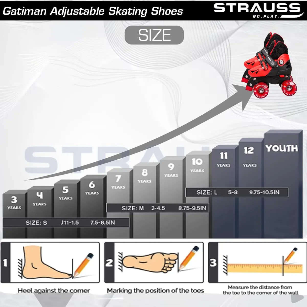 STRAUSS Gatiman Adjustable Skating Shoes | Latest Designed Roller Skates with Break | Ideal for Boys and Girls | Adjustable 4 Wheels Skating Shoe | Size: Senior (Black/Red)