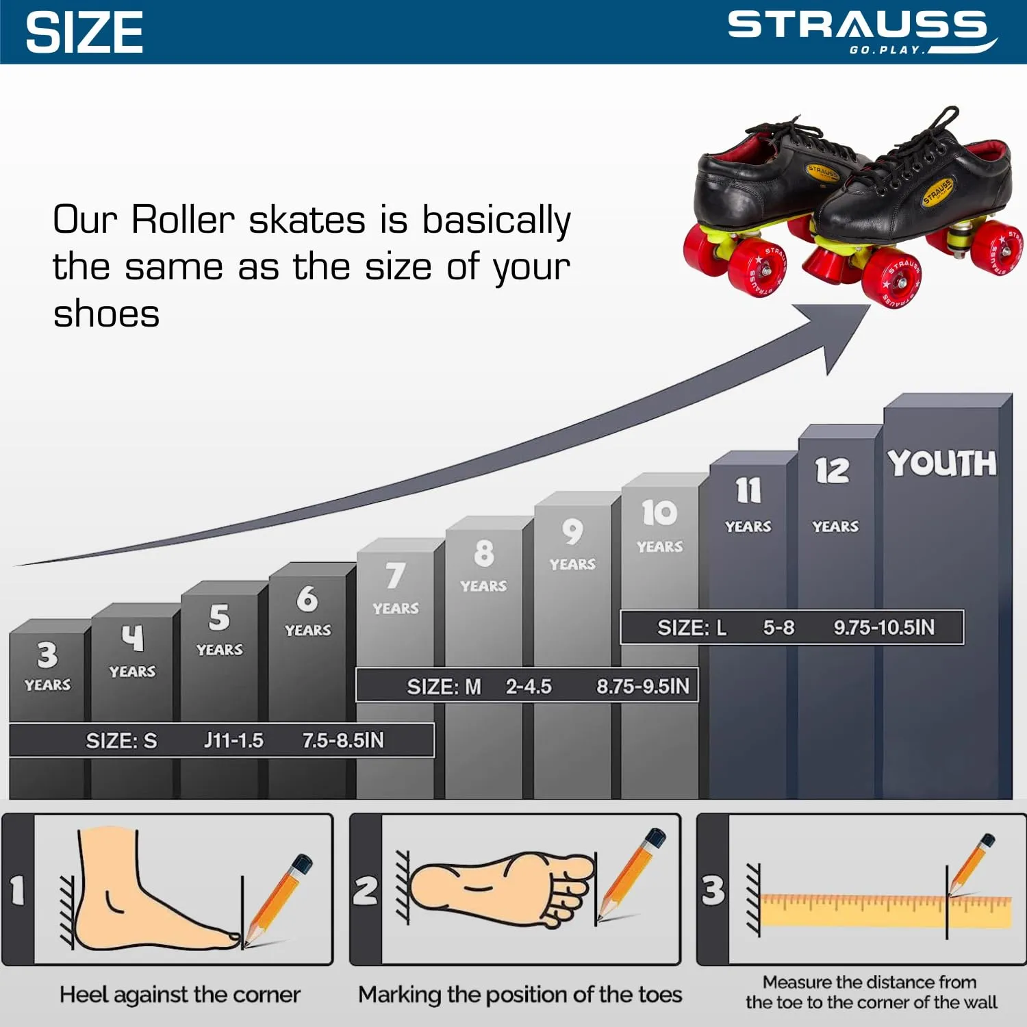 STRAUSS Gripper Skating Shoes | Fixed Body Roller Skates | Shoe Skate with PVC Wheel |Ideal for Boys, Girls and Kids |Suitable for All Skill Level | Ideal for Kids (11-12 Years) Size-4, (Red/Black)