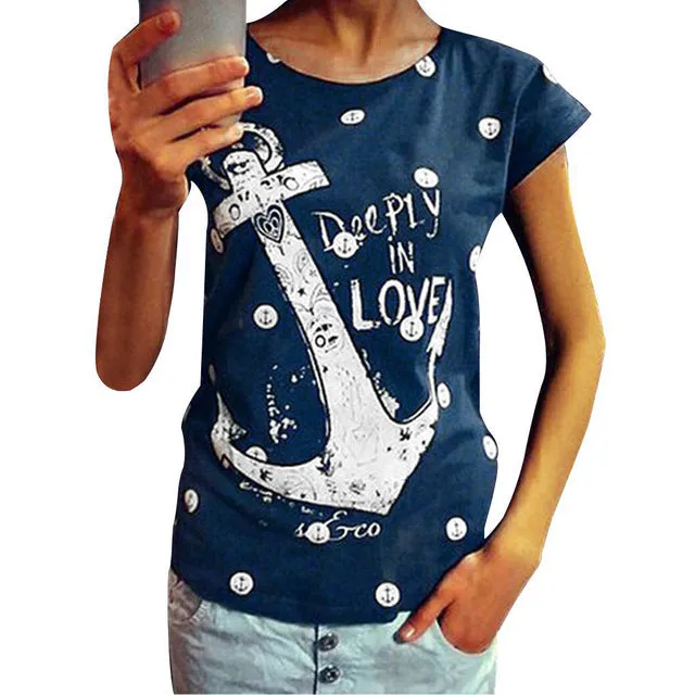 Summer Hot Style Women T-Shirt Anchor Letter Print Tops Cotton Short Sleeve Loose-Fitting T Shirt