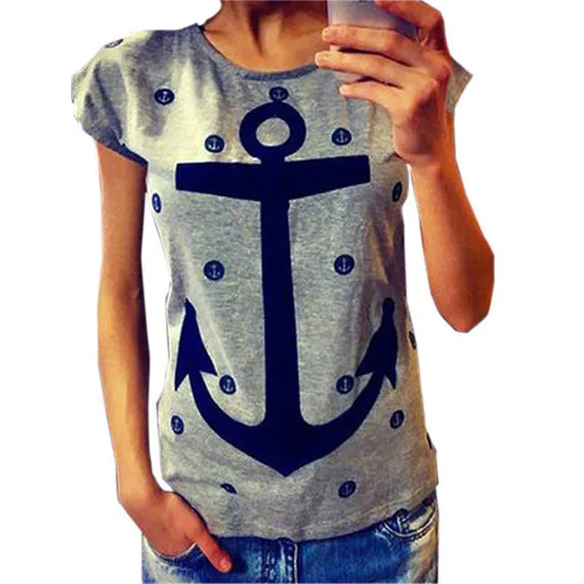 Summer Hot Style Women T-Shirt Anchor Letter Print Tops Cotton Short Sleeve Loose-Fitting T Shirt