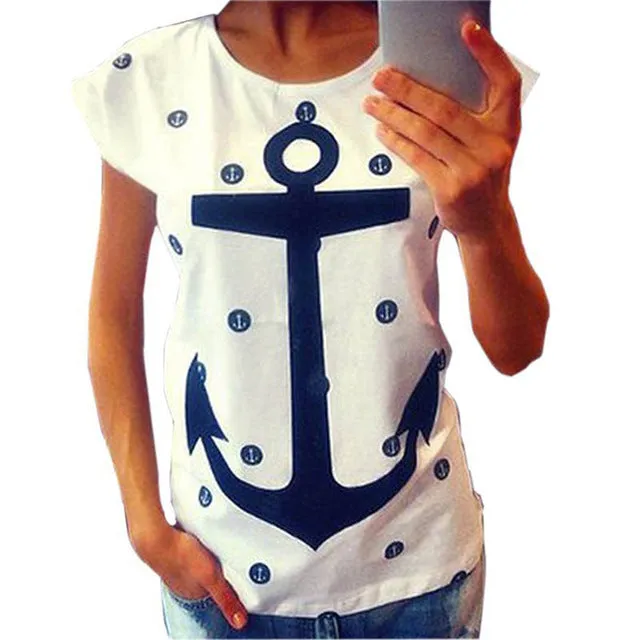 Summer Hot Style Women T-Shirt Anchor Letter Print Tops Cotton Short Sleeve Loose-Fitting T Shirt