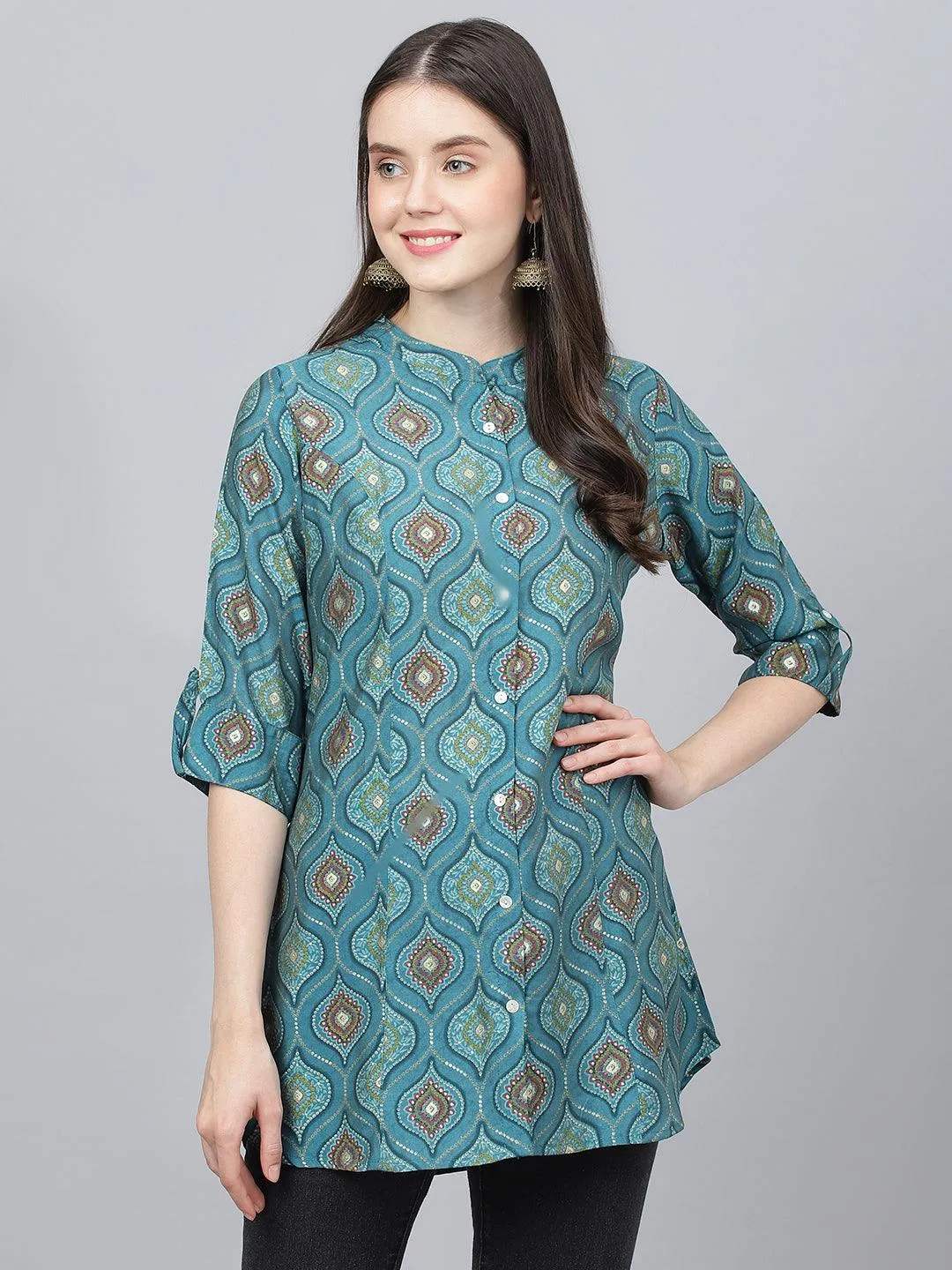 Teal Blue Motif Printed Modal A-Line Shirts Style Top