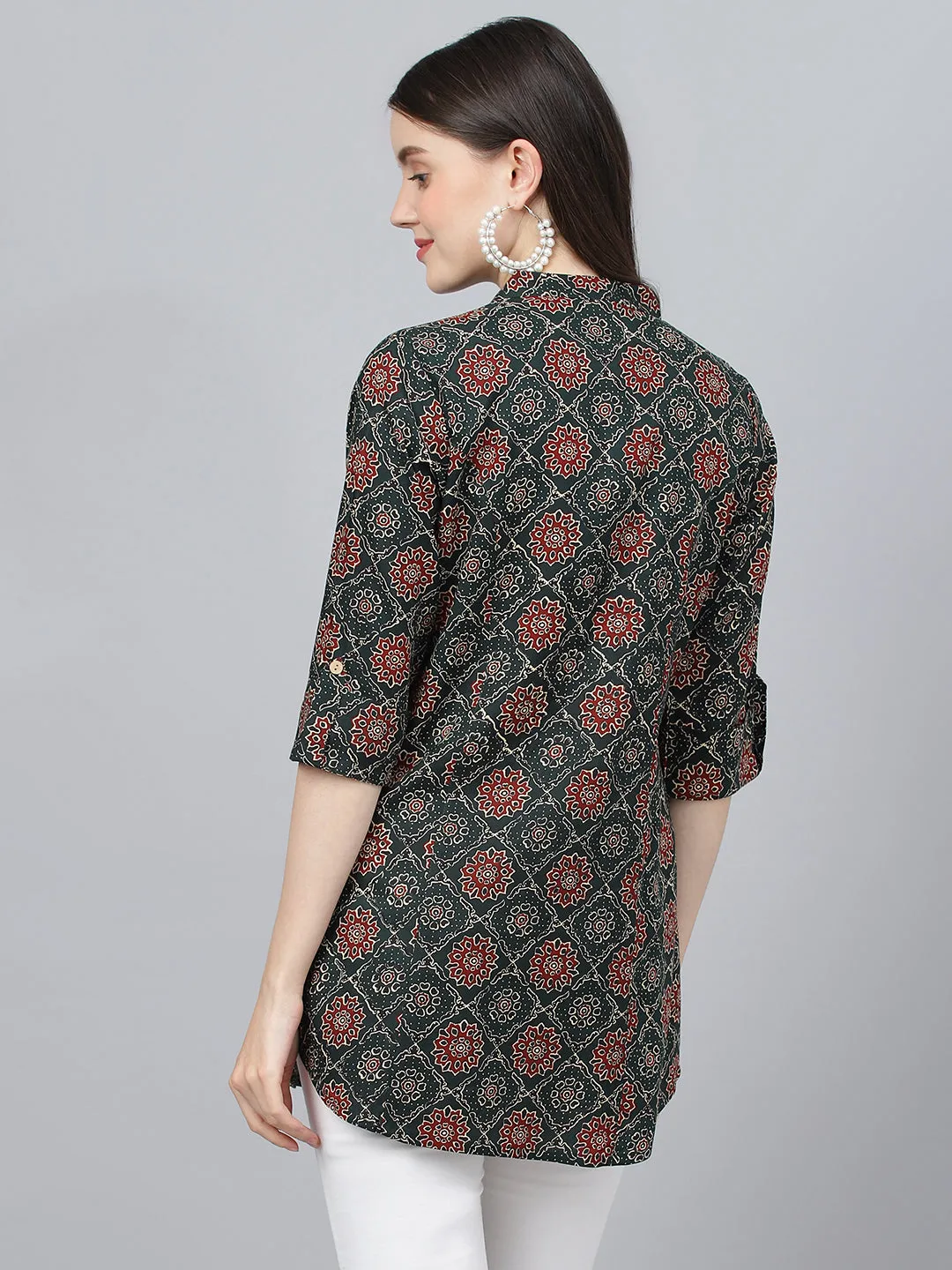 Women Black Abstract Printed Rayon A-Line Shirts Style Top