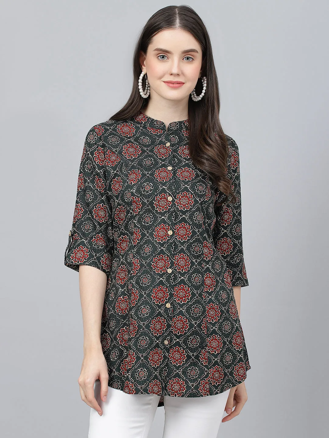 Women Black Abstract Printed Rayon A-Line Shirts Style Top