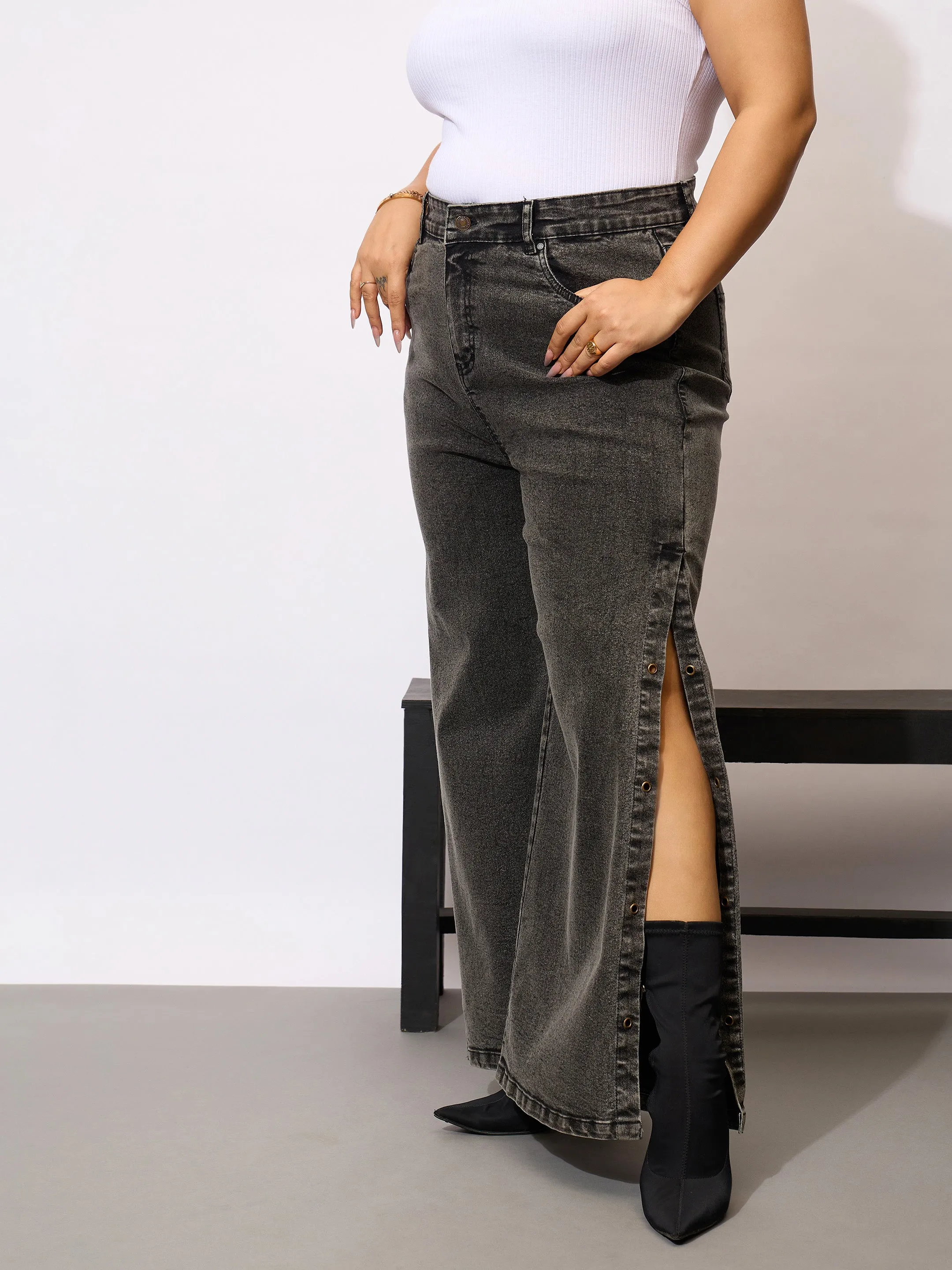 Women Black Acid Wash Side Slit Straight Jeans