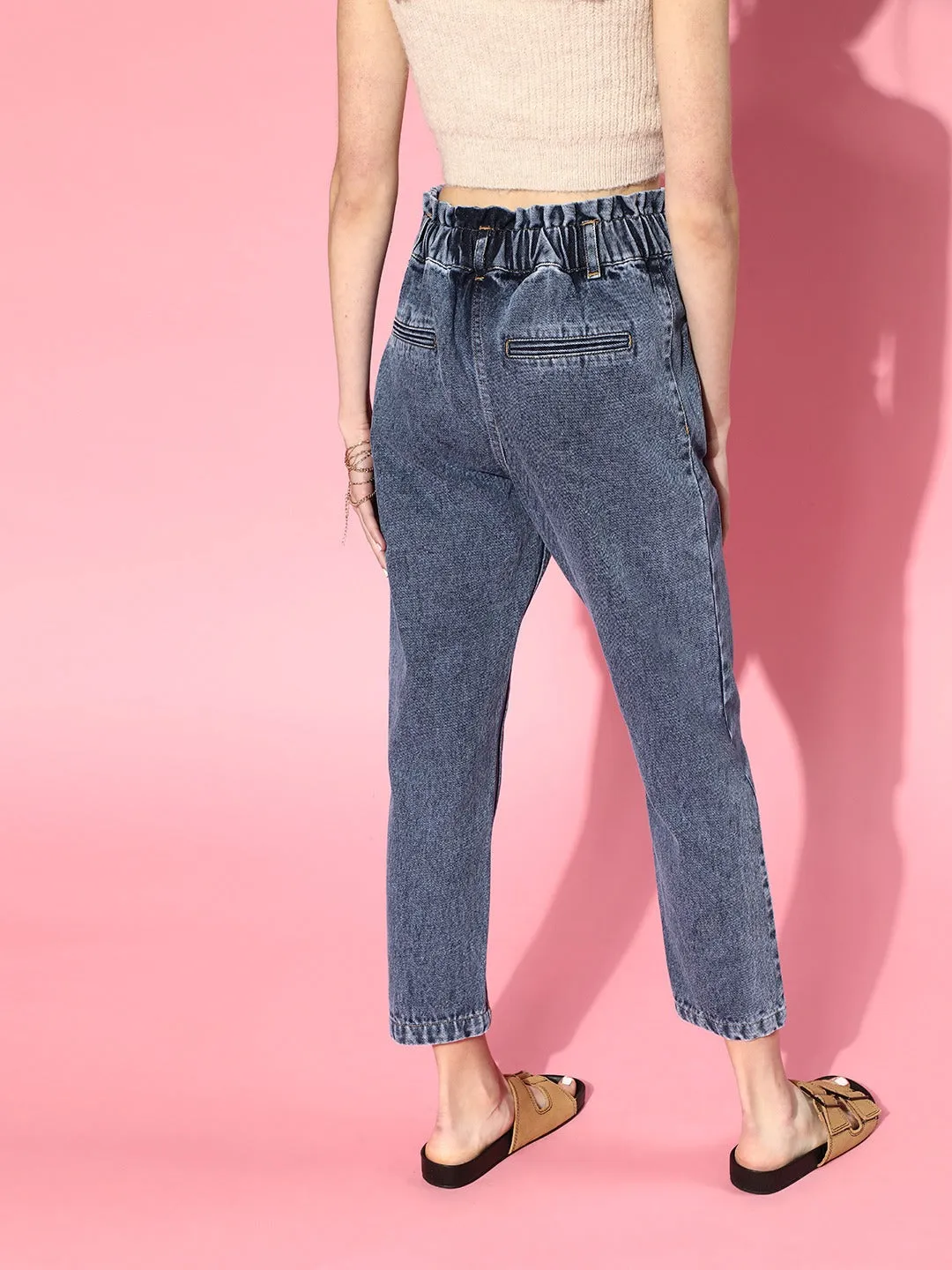 Women Blue Paperbag Waist Jeans