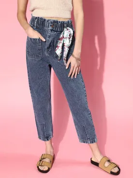 Women Blue Paperbag Waist Jeans