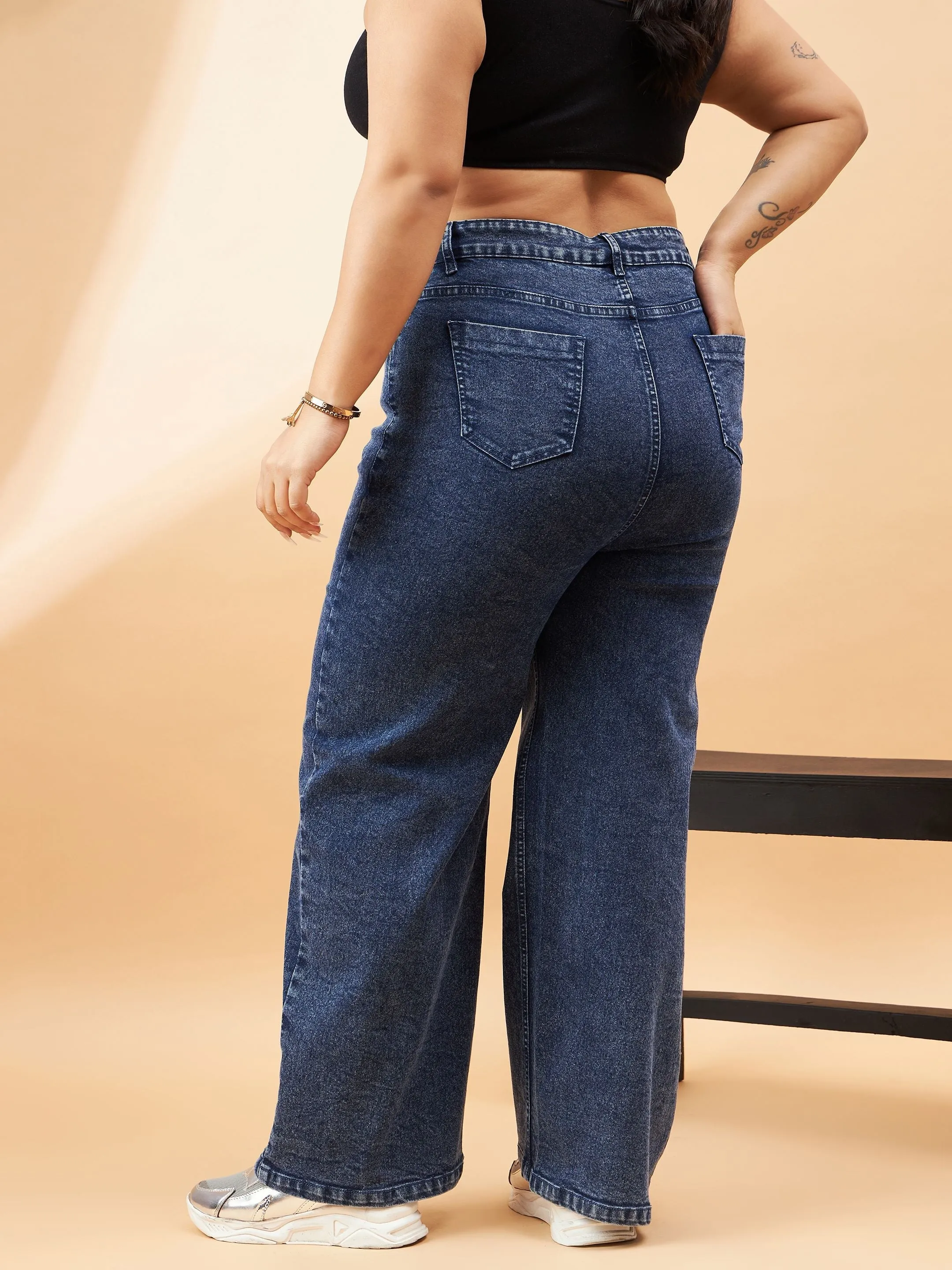 Women Blue Wash High Waist Seam Detail Straight Jeans