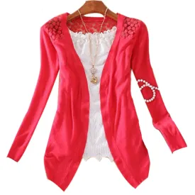 Women Candy Color Slim Thin Lace Hollow Out jacket Women Knitted Cardigan Sweater Tops Irregular Hem Long Sleeve  Outwear Coat