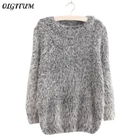 Women Fashion Autumn Winter Warm Mohair O-Neck Women Pullover Long Sleeve Casual Loose Sweater Knitted Tops