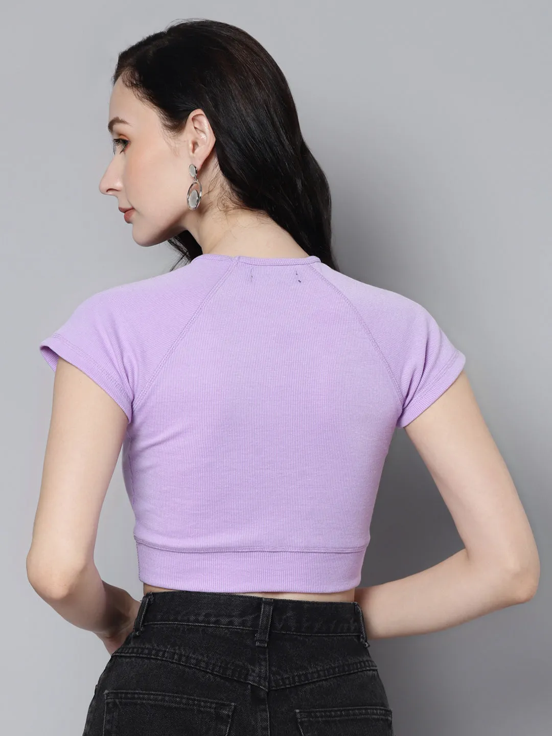 Women Lavender Rib Cap Sleeves Active Crop Top