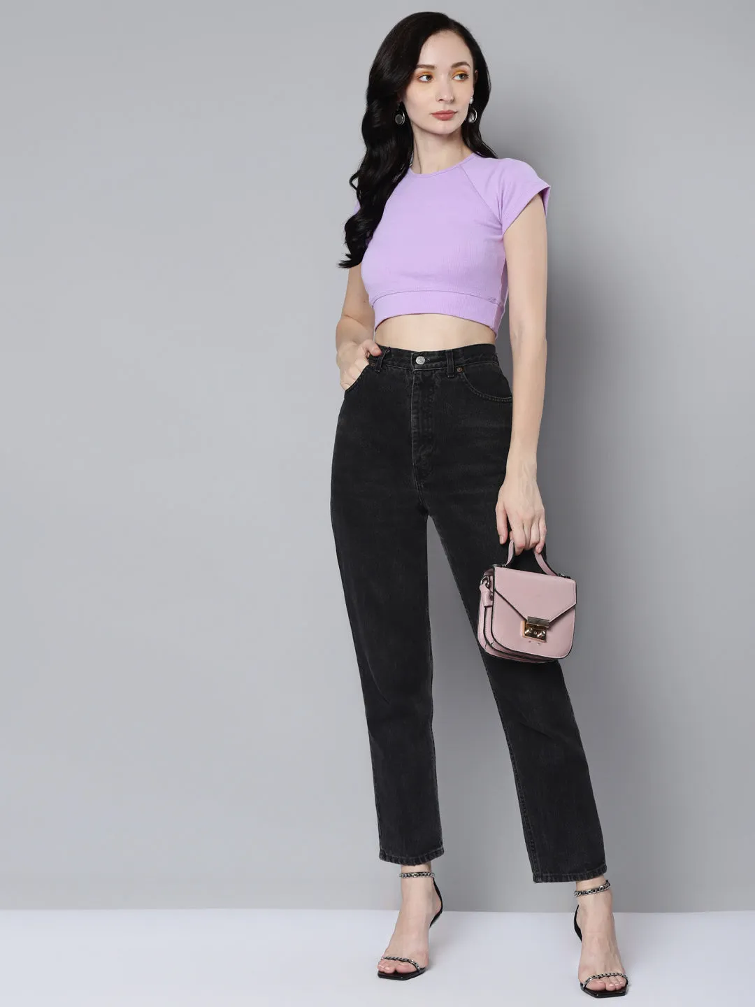 Women Lavender Rib Cap Sleeves Active Crop Top