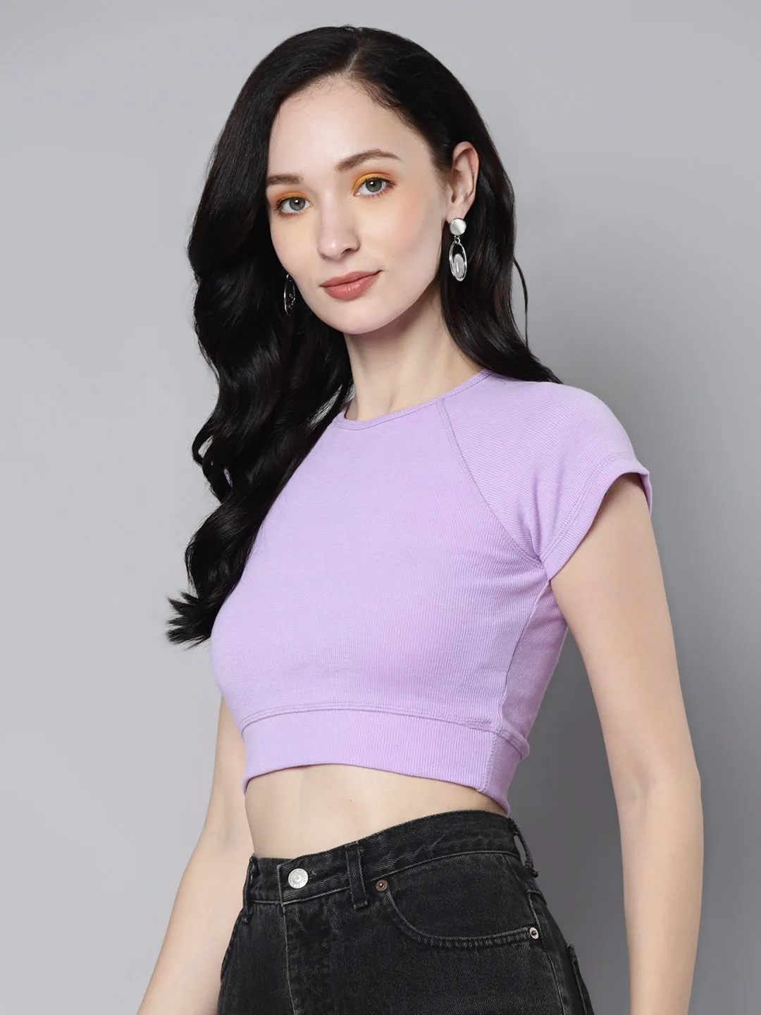 Women Lavender Rib Cap Sleeves Active Crop Top