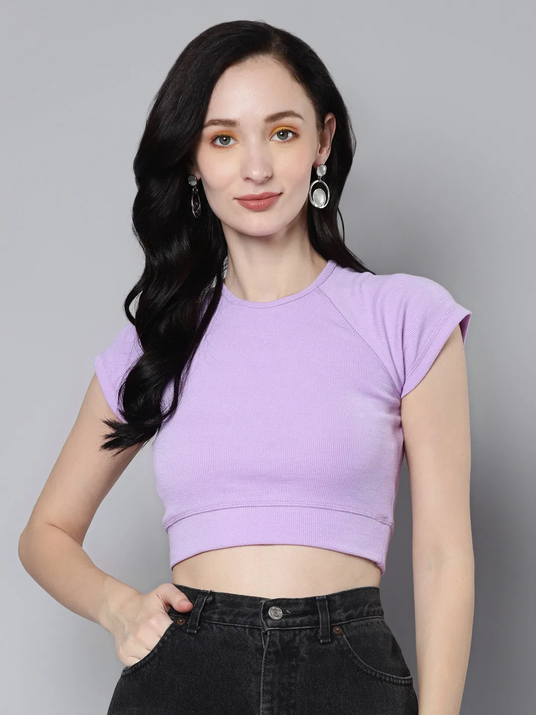 Women Lavender Rib Cap Sleeves Active Crop Top