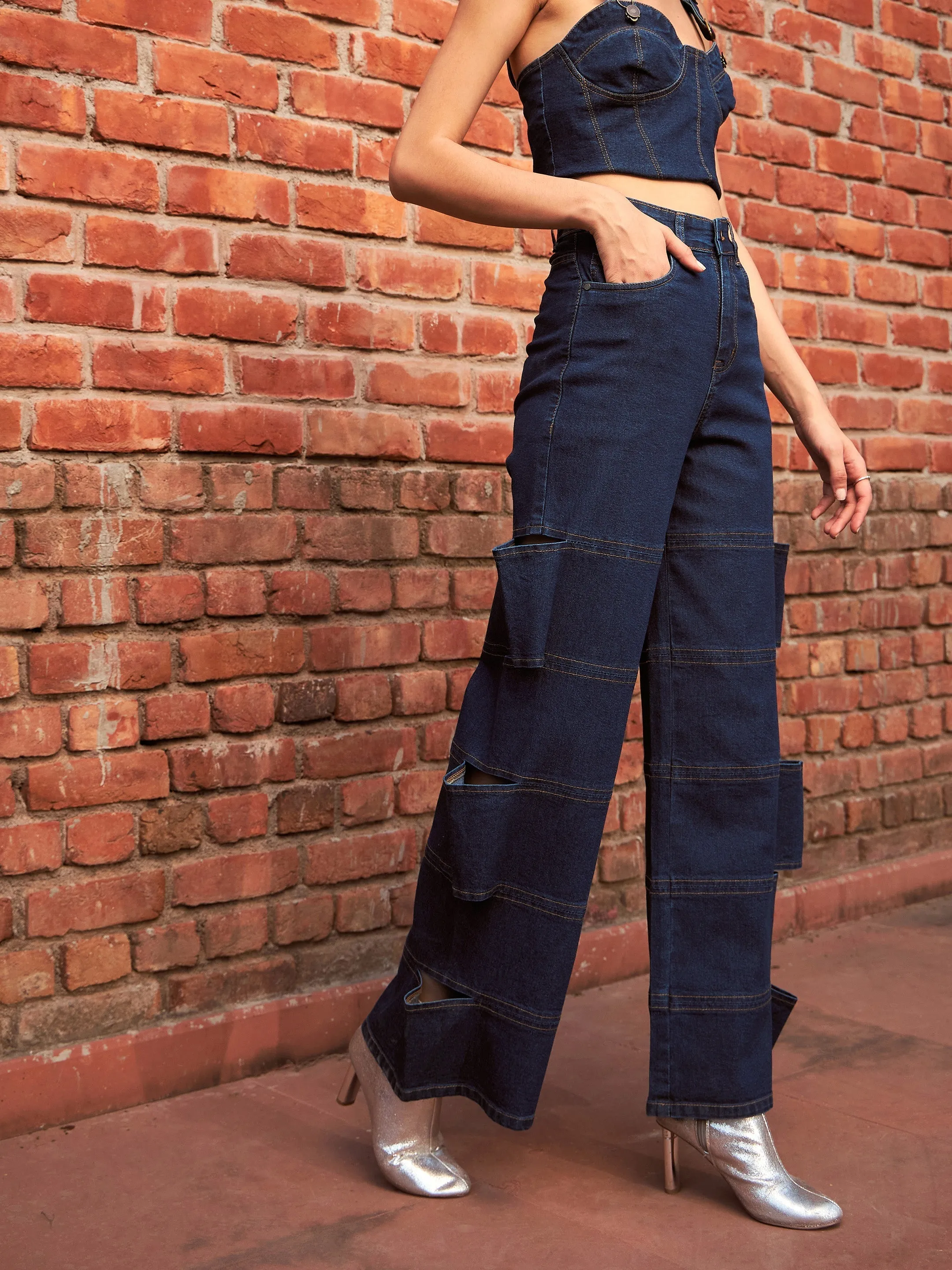 Women Navy Premium Side Cutout Straight Jeans