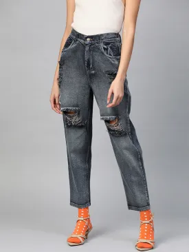 Women Navy Washed High Waist Distressed Knee Jeans